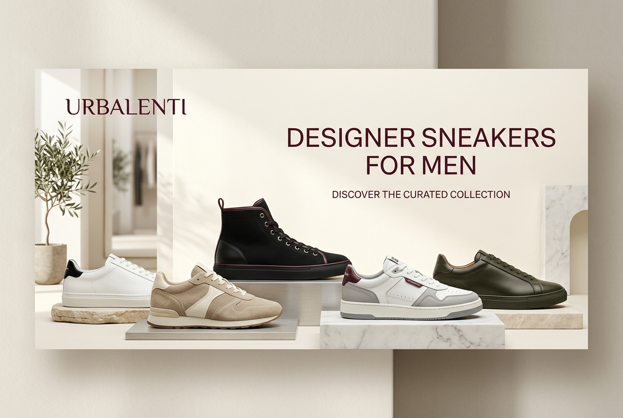Designer Sneakers for Men collection banner featuring a curated selection of luxury low-top, athletic, and chunky sneakers in white, black, beige, red, and green. Shop online Designer Sneakers for Men - shipped from Italy at Urbalenti.