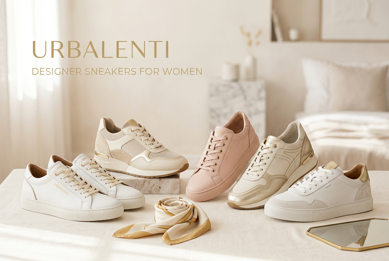 Designer Sneakers for Women at Urbalenti displayed in a stylish bedroom setting, featuring an assortment of white, beige, pink, and metallic low-top sneakers with casual accessories.