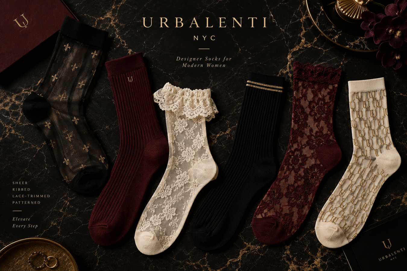 Designer Socks for Women by Urbalenti NYC, featuring an elegant collection of black, burgundy, cream, and lace-patterned luxury socks displayed on a marble background. Shop Designer Socks for Women at Urbalenti NYC.