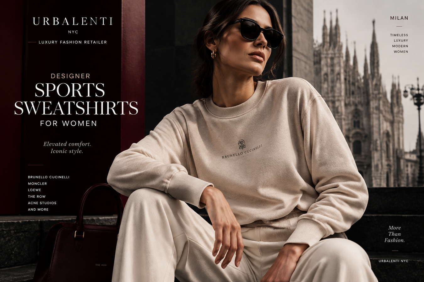 Woman wearing a beige luxury sweatshirt in a Milan-inspired setting, showcasing Designer Sports Sweatshirts for Women. Shop Designer Sports Sweatshirts Now at Urbalenti NYC.