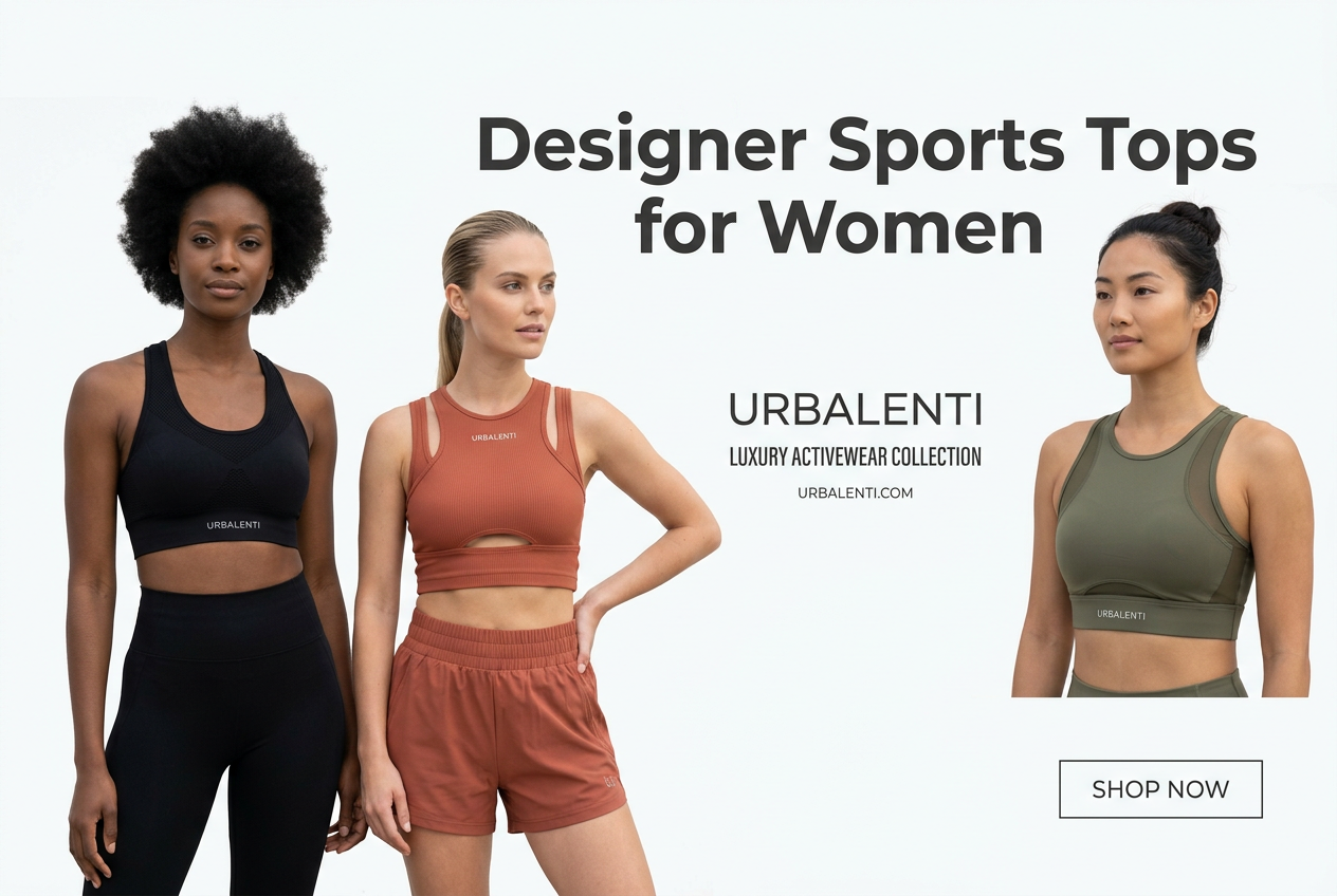 Designer Sports Tops for Women featuring three models wearing stylish athletic crop tops and workout outfits; shop Designer Sports Tops today at Urbalenti.