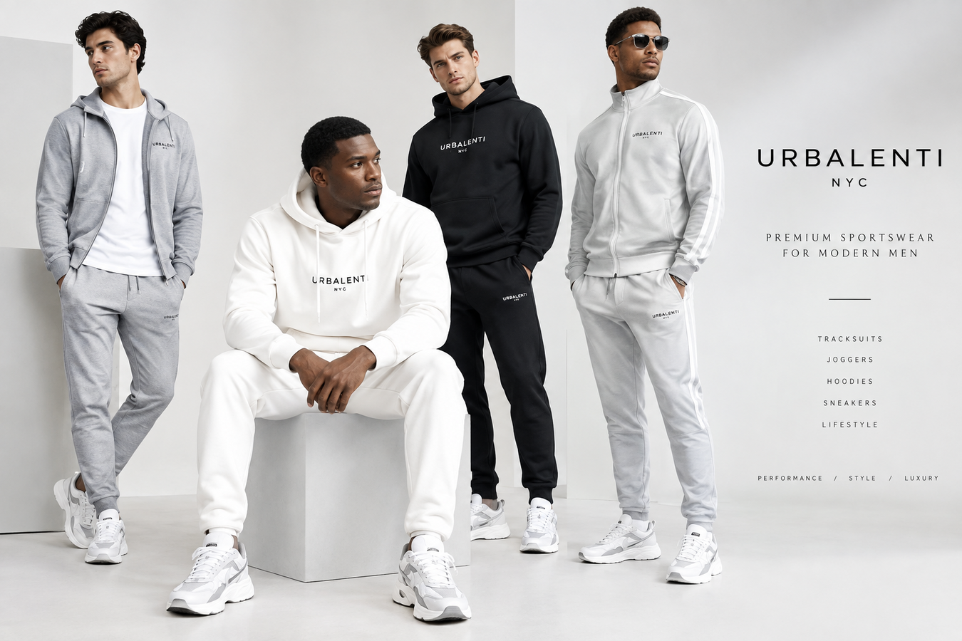 Men's Designer Sportswear campaign featuring four men in coordinated designer tracksuits and sneakers; Shop Men's Designer Sportswear Now at Urbalenti NYC