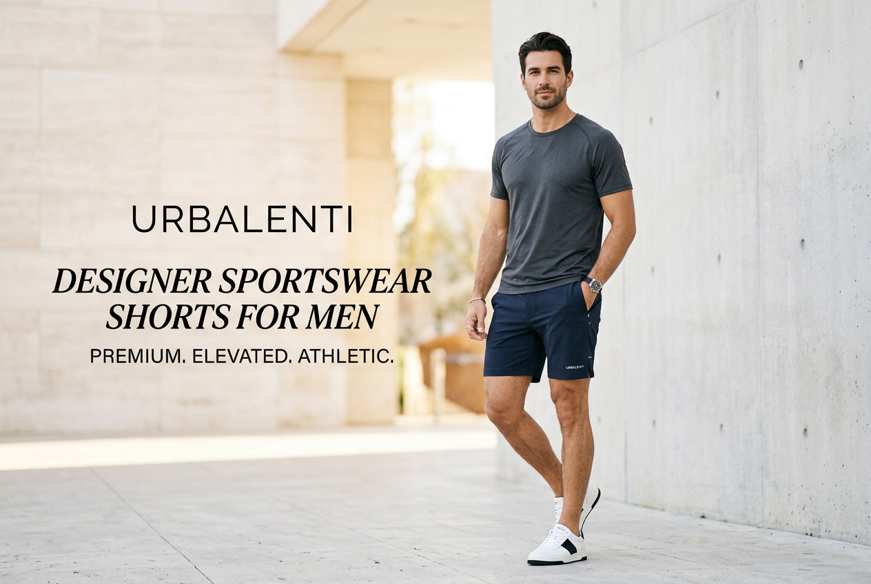 Shop Designer Sportswear Shorts for Men | Urbalenti — Designer Sportswear Shorts for Men styled on a male model in premium navy athletic shorts and a gray T-shirt.