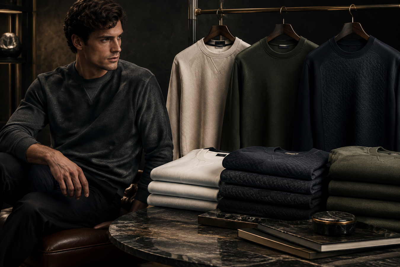 Designer Sportswear Sweatshirts for Men at Urbalenti NYC, featuring a model wearing a black designer sweatshirt alongside folded and hanging luxury cotton sweaters in neutral and dark colors.