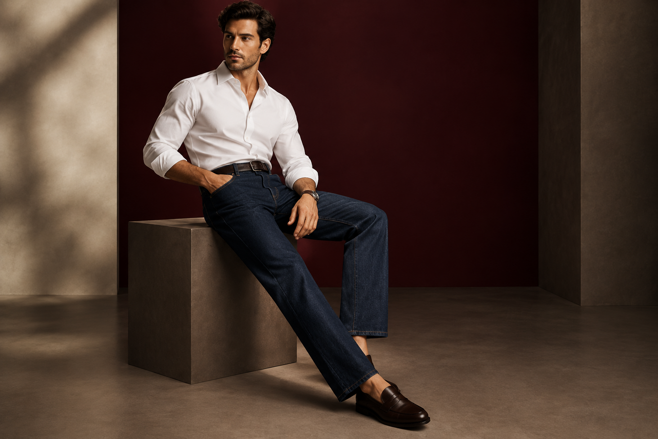 Man wearing dark blue designer straight-leg jeans with a white shirt in a modern studio—Designer Straight-Leg Jeans for Men. Shop Designer Straight-Leg Jeans for Men at urbalenti NYC.