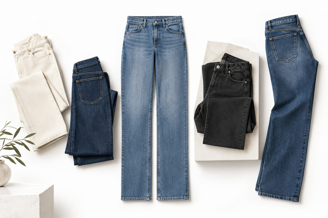 Designer Straight-Leg Jeans for Women in blue, white, black, and multicolor denim arranged in a stylish collection | Urbalenti