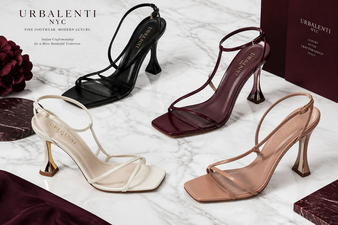 Four elegant black, burgundy, ivory, and nude strappy high-heel sandals arranged on marble, showcasing Designer Strap-Ons Sandals for Women | Shop today at Urbalenti NYC