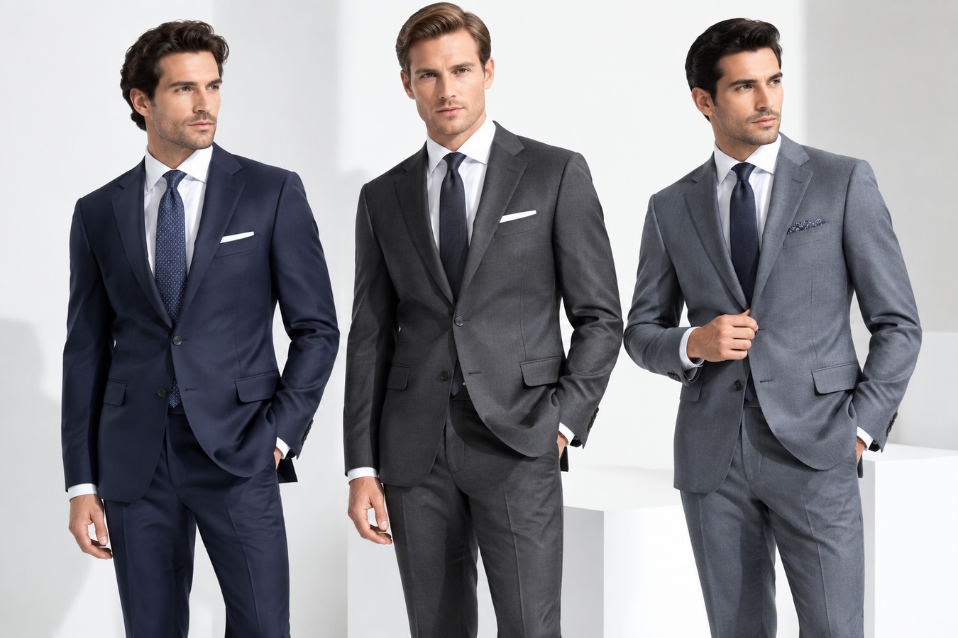 Men's Designer Suits featuring three stylish men modeling tailored navy, charcoal, and gray luxury business suits