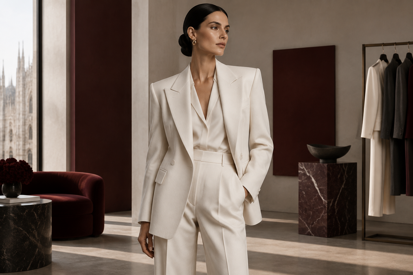 Woman wearing an elegant ivory tailored suit in a luxury interior—Designer Suits for Women – Shop Now at Urbalenti NYC.