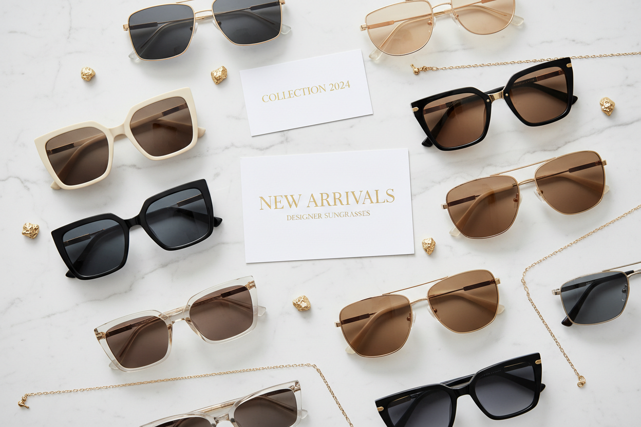 Collection of stylish new arrivals featuring Designer Sunglasses arranged on a marble surface for 2024. Discover modern frames and chic designs, showcasing the best in Designer Sunglasses.