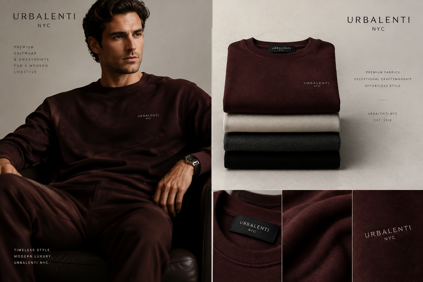 Designer Sweatshirts for Men featuring a model wearing a refined burgundy sweatshirt alongside folded styles and close-up fabric details—Shop Designer Sweatshirts for Men at Urbalenti NYC.