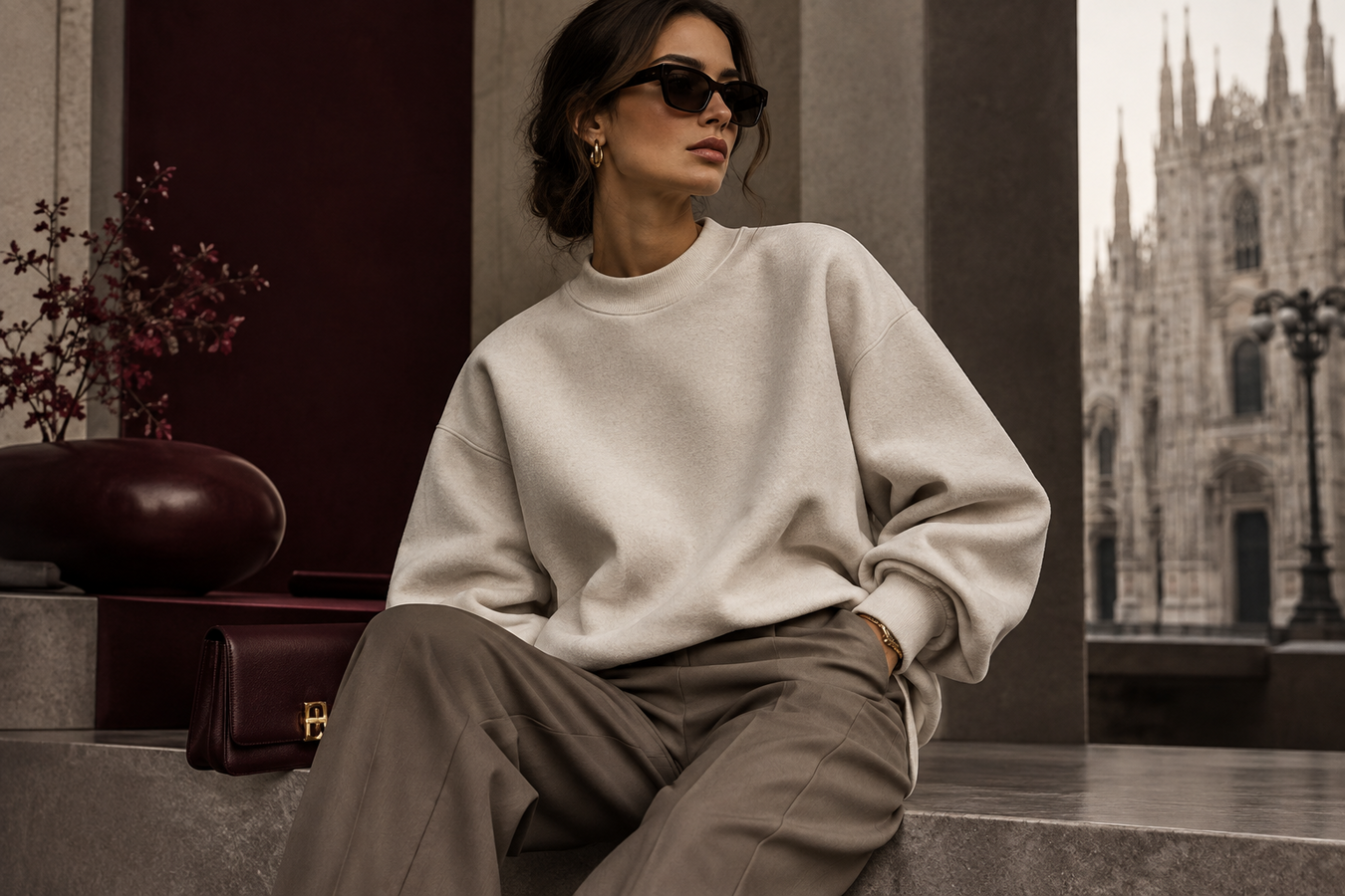Woman wearing a refined beige designer sweatshirt with sunglasses in Milan, showcasing Designer Sweatshirts for Women – Shop Now at Urbalenti NYC.