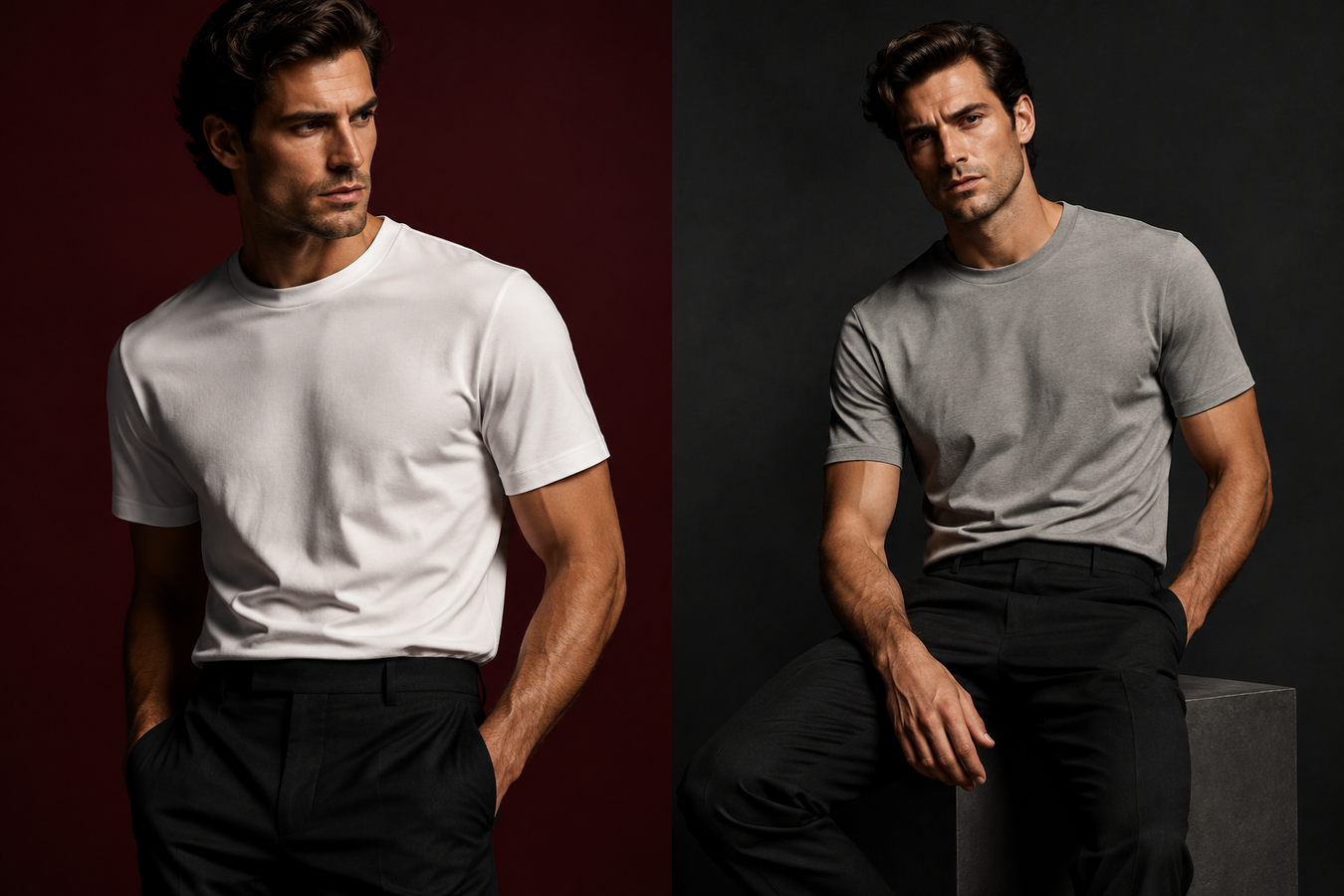 Two male models wearing premium white and gray crew-neck cotton shirts with black trousers, showcasing the Men's Designer T-Shirts collection—Shop Men's Designer T-Shirts at Urbalenti NYC.