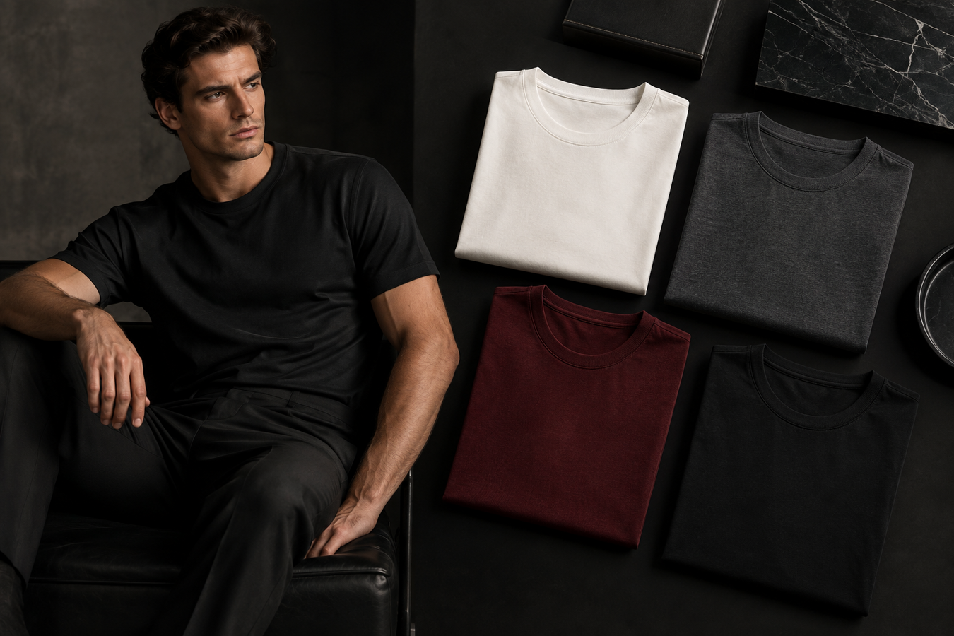 Designer T-Shirts for Men featuring a stylish man in a black T-shirt beside folded black, white, gray, and burgundy luxury tees; Shop Designer T-Shirts for Men Urbalenti NYC.