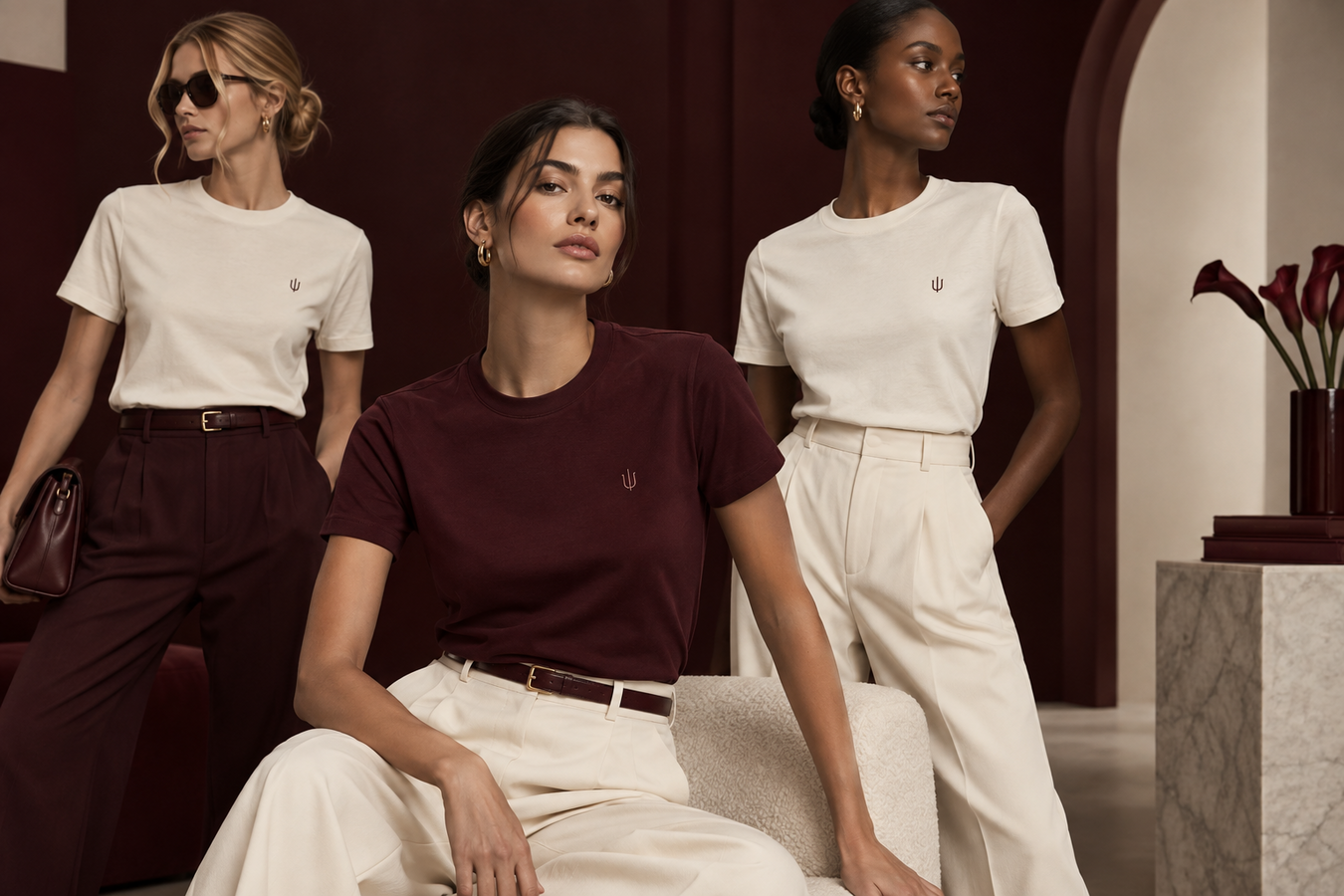 Designer T-Shirts for Women styled in neutral and burgundy cotton tops on three fashion models—Shop Designer T-Shirts for Women at Urbalenti NYC.
