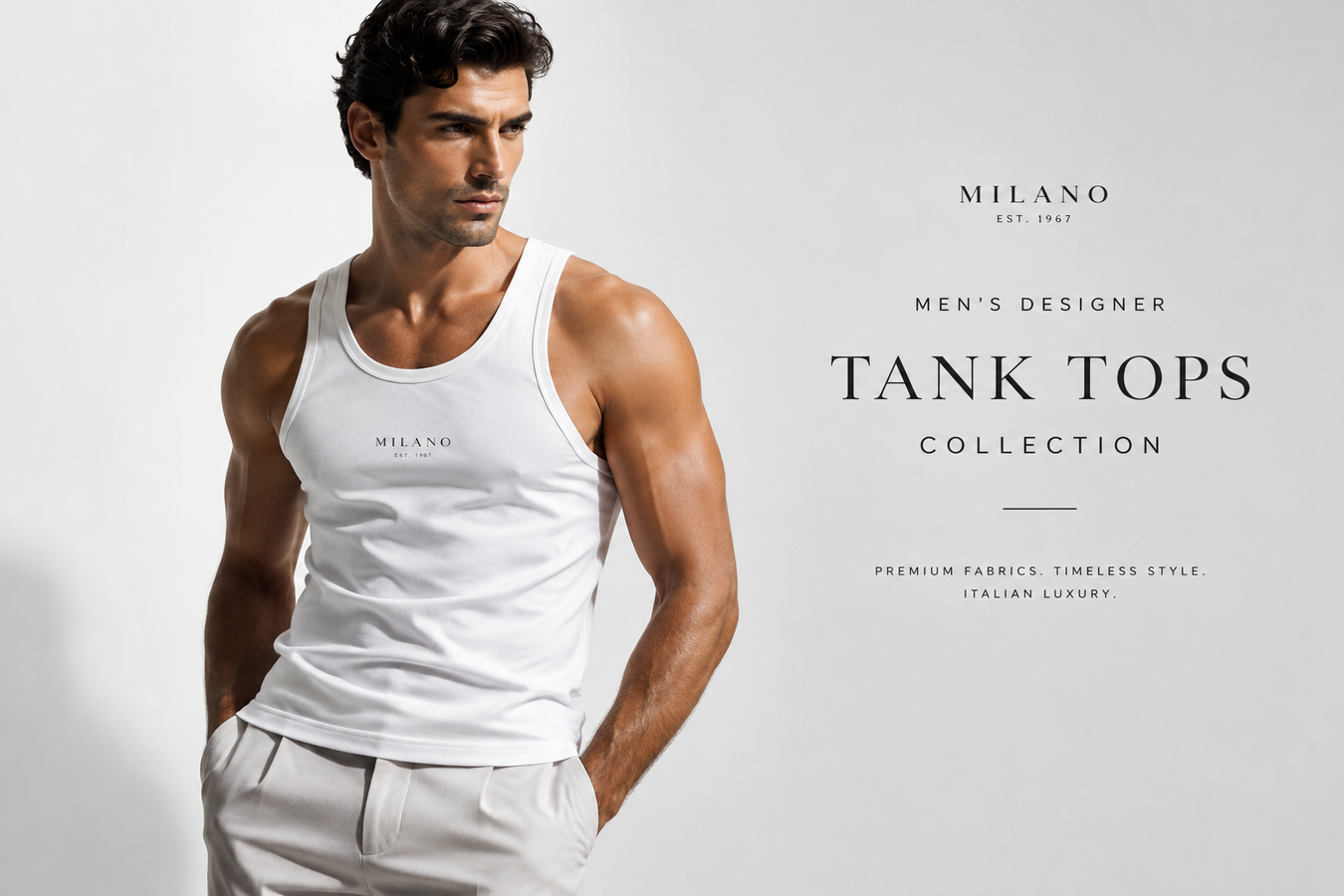 Shop Designer Tank Tops for Men at Urbalenti NYC, featuring a stylish male model wearing a premium white designer tank top from the men's Designer Tank Tops for Men collection.