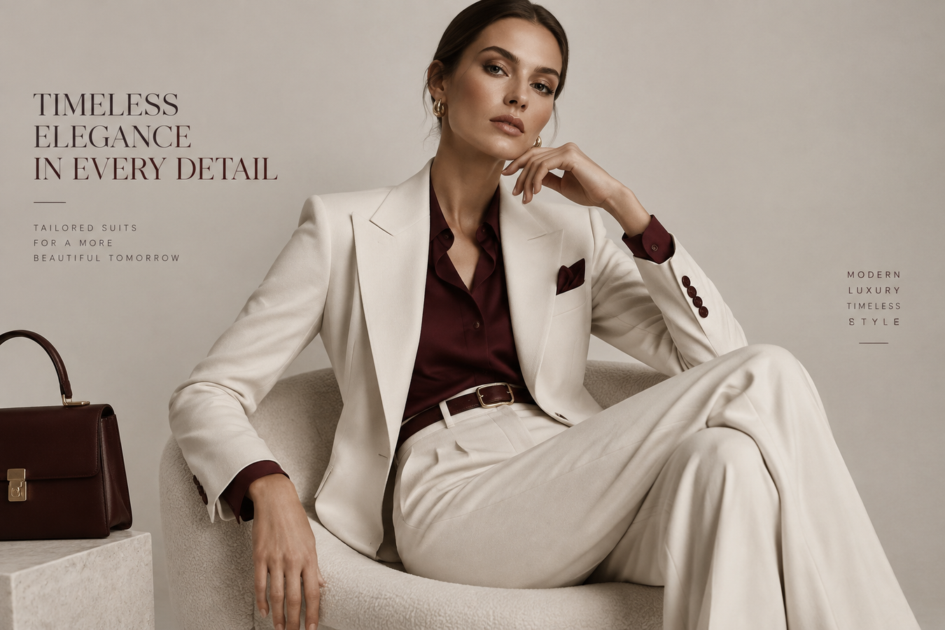 Designer Two-Piece Suits for Women featuring a sophisticated cream blazer and tailored trousers with a burgundy blouse—Designer Two-Piece Suits – Shop Now at Urbalenti NYC.