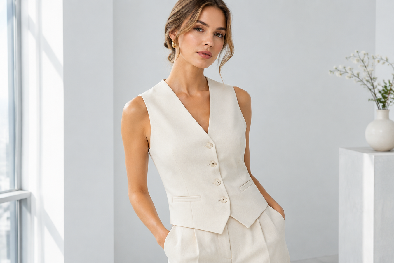Ivory tailored women's waistcoat and trousers styled in a bright modern setting—Designer Waistcoats for Women. Shop Designer Waistcoats for Women at Urbalenti NYC.