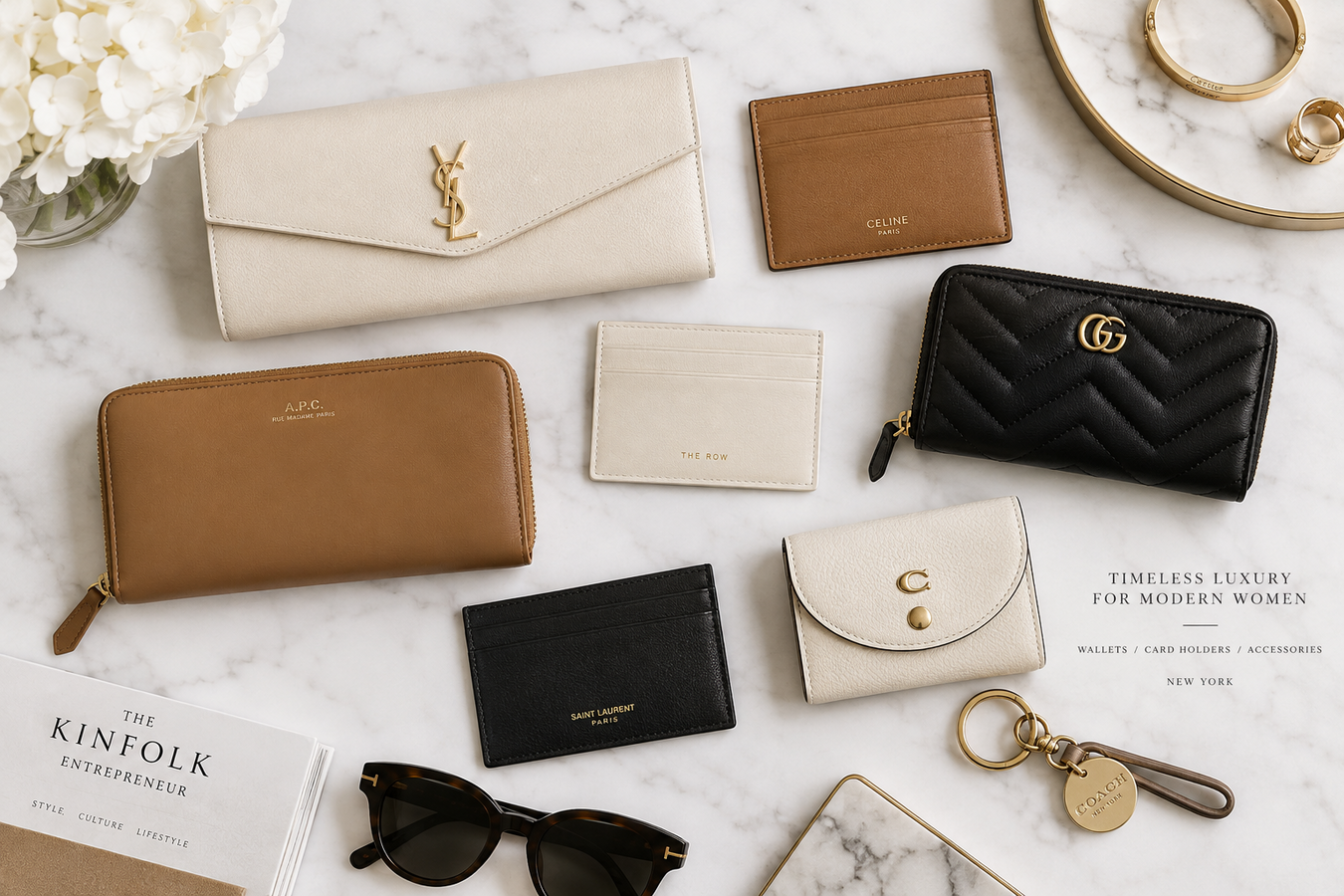 Designer Wallets for Women collection featuring beige, brown, black, and cream leather wallets, cardholders, and compact purses arranged on a marble surface; shop online and shipped from Italy Designer Wallets for Women at Urbalenti NYC.