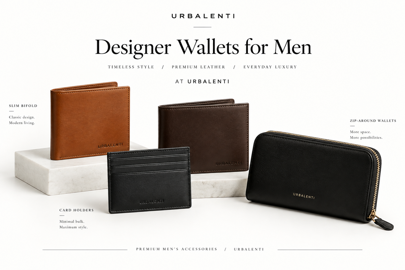 Designer Wallets for Men featuring brown, black, and gray luxury leather wallets displayed in a refined Urbalenti NYC collection; Shop Online Designer Wallets for Men at Urbalenti NYC.
