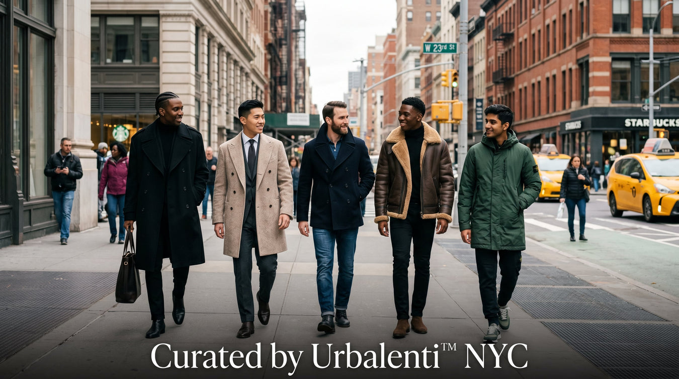 A stylish group of men in various Men's Designer Coats walking in the city, showcasing Authentic designer fashion shipped from Milan. Explore the latest trends in Designer Coats at Urbalenti™ NYC.