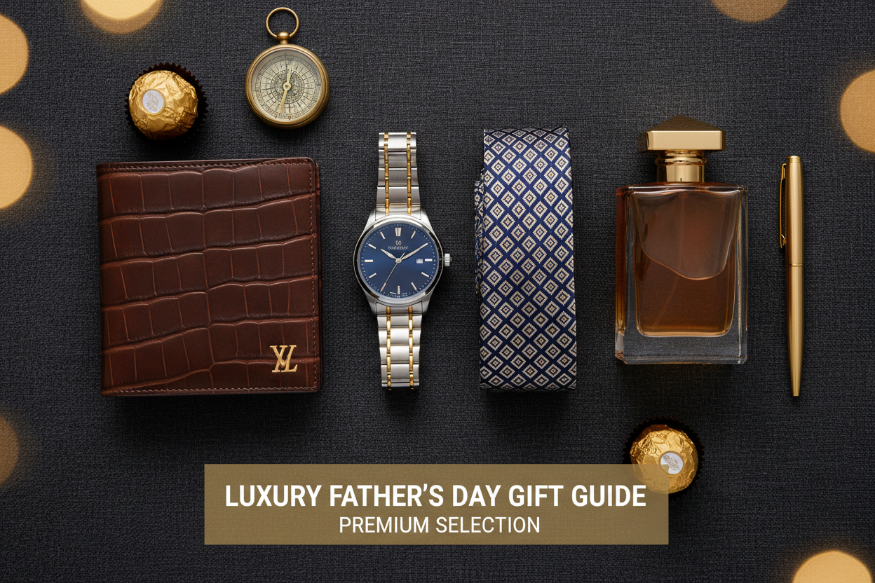 A luxurious flat lay featuring a stylish wallet, elegant watch, sophisticated cologne, patterned belt, and a shiny pen, all perfect for a Father's Day Gift. This premium selection showcases Authentic designer fashion shipped from Milan.