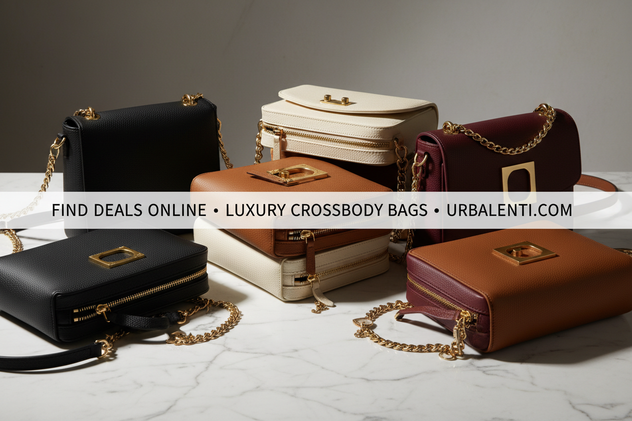 Luxury Crossbody Bags in black, cream, brown, and burgundy with gold chain straps displayed on a marble surface; Shop Crossbody Bags Today at Urbalenti.