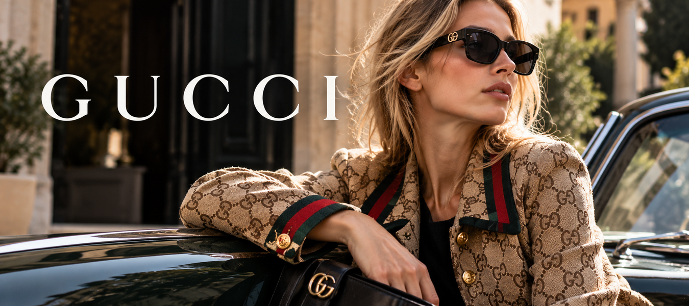 Gucci fashion campaign featuring a woman in logo-print clothing and black sunglasses beside a luxury car—Shop Gucci Designer Fashion Now at Urbalenti.