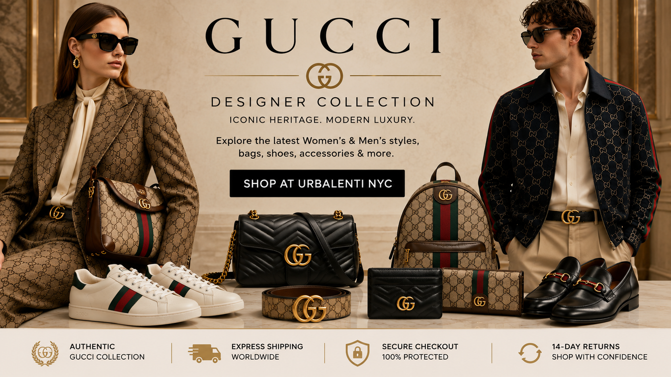 Gucci designer collection banner featuring a woman and man wearing luxury fashion, Gucci handbags, sneakers, loafers, belts, and silk apparel, presented as the Gucci Collection at Urbalenti NYC.