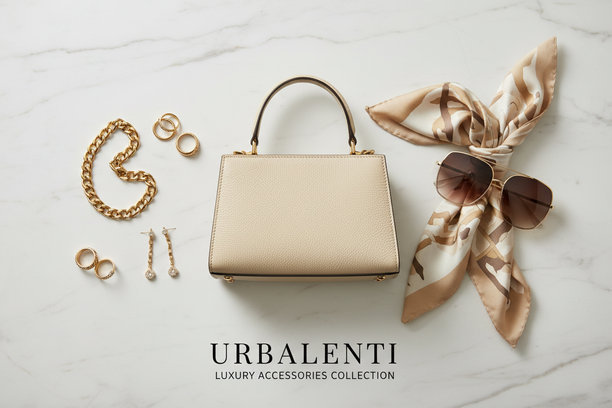 Explore our Accessories collection featuring a chic cream handbag, gold jewelry, stylish sunglasses, and a patterned silk scarf. Discover luxury Designer Accessories from Italy at URBALENTI™.