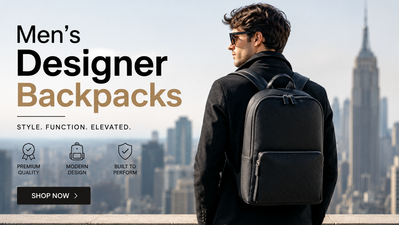 A stylish young man wearing a sleek, black backpack in front of a city skyline, representing the luxury and modern appeal of Men's Designer Backpacks. Elevate your style with premium quality and functional designs.
