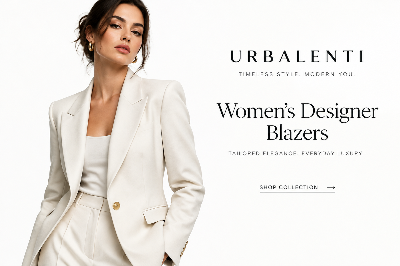 Woman wearing an elegant white tailored blazer and matching trousers in a luxury fashion campaign for Women's Designer Blazers — Women's Designer Blazers | Shop now at Urbalenti NYC