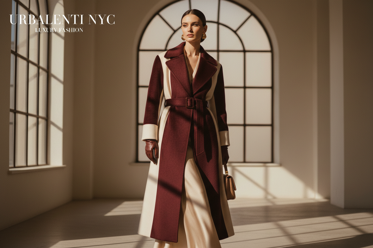 Women’s Designer Clothing featuring a model in a burgundy belted coat and flowing cream dress in an elegant sunlit interior. Shop Women’s Designer Clothing now at Urbalenti NYC.
