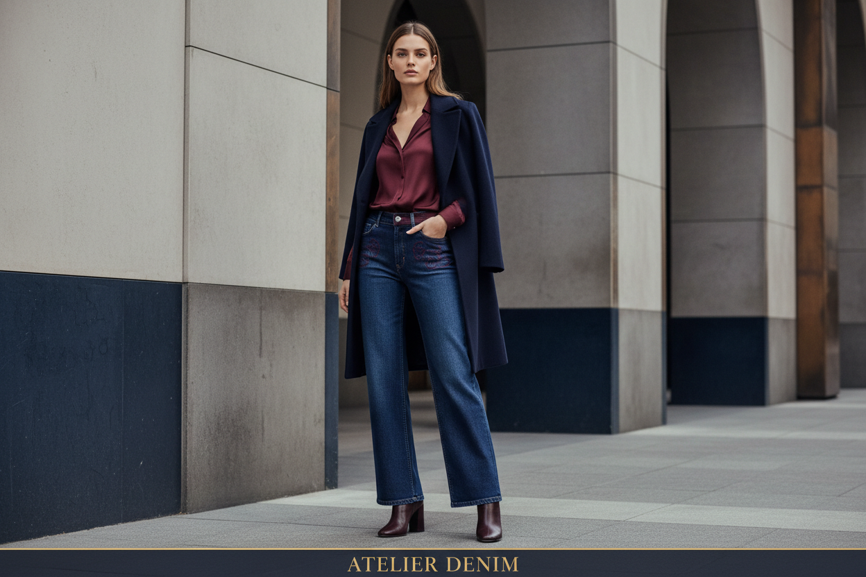 Women's Designer Jeans Denim featuring a model in dark blue high-rise straight-leg jeans with a burgundy blouse and navy coat in an urban setting—Shop Women's Designer Jeans Denim at Urbalenti NYC.