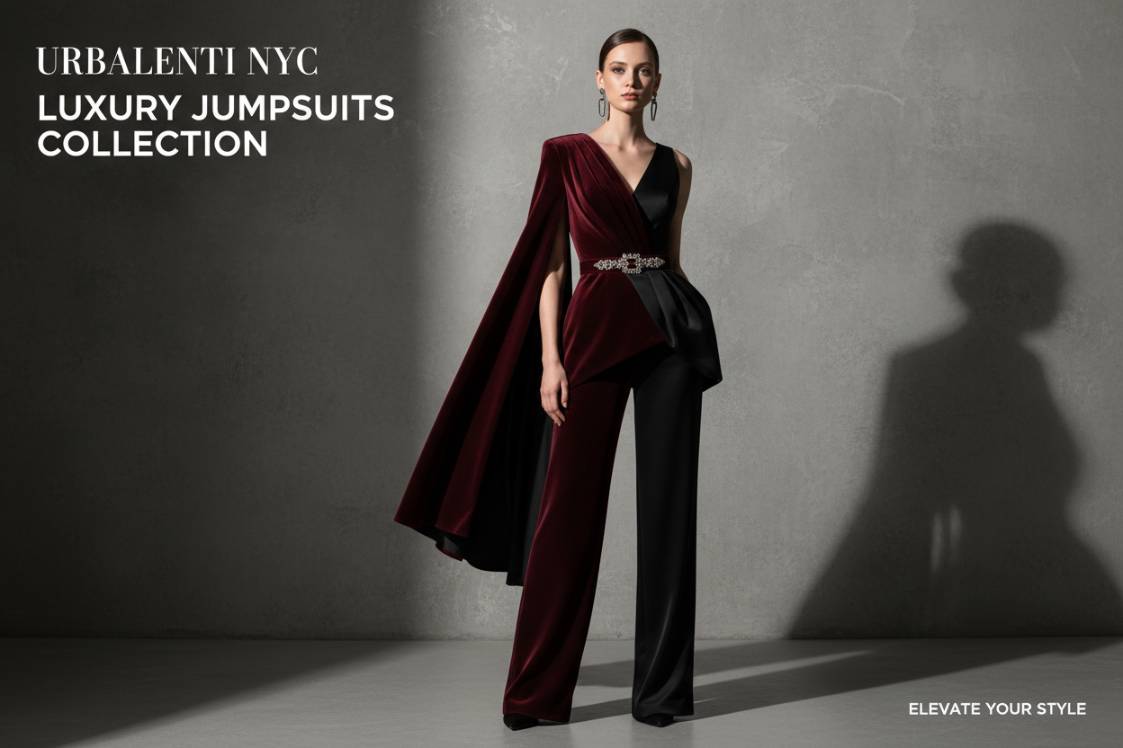 Women's Designer Jumpsuits featuring a sophisticated burgundy and black cape-style jumpsuit modeled in a luxury studio setting—Shop Women's Designer Jumpsuits at Urbalenti NYC.