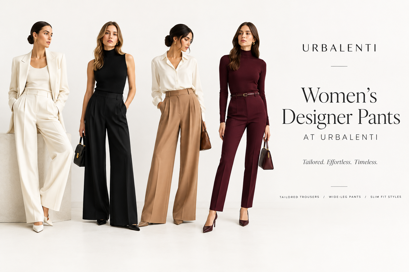 Four women modeling elegant casual and dress styles from the Women's Designer Pants collection—wide-leg, tailored, and coordinated pants in white, black, beige, and burgundy; Shop Women's Designer Pants at Urbalenti.