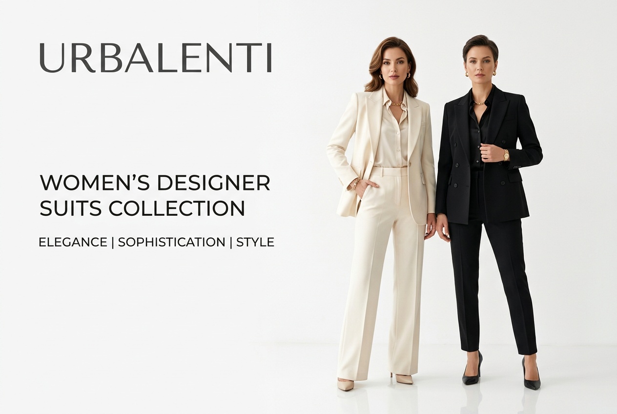 Women's Designer Suits collection featuring two women modeling elegant cream and black tailored suits for a polished, sophisticated look – Shop now at Urbalenti
