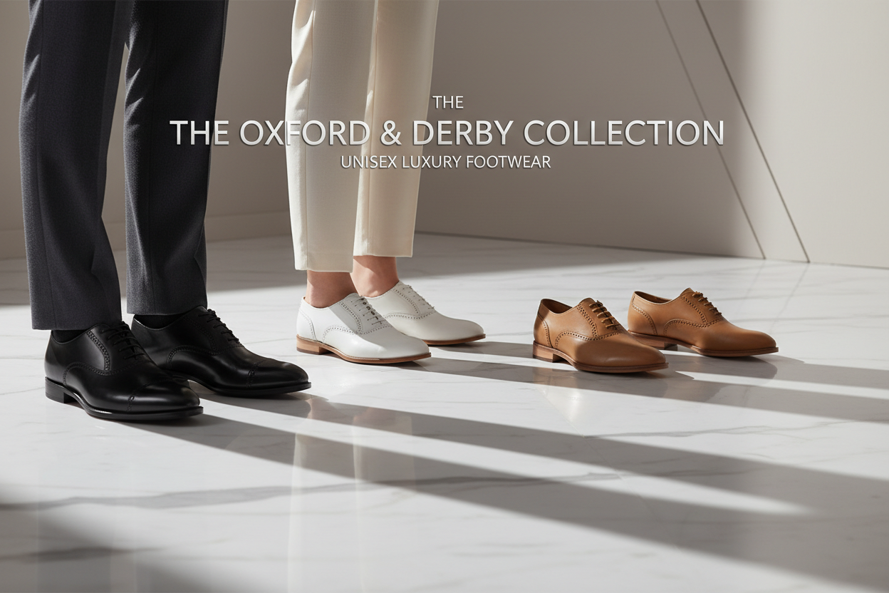Designer Oxfords and Derbies collection featuring black, white, and tan leather lace-up shoes for men and women; shop online Designer Oxfords and Derbies for Men and Women at Urbalenti.