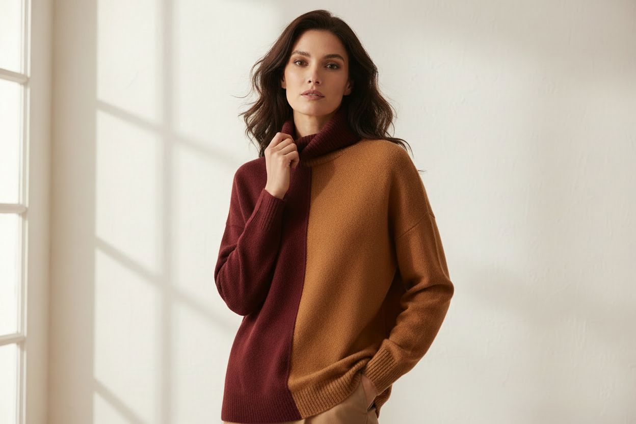 Women's Designer Sweaters featuring a stylish burgundy and camel color-block knit sweater on a woman; Shop Women's Designer Sweaters at Urbalenti NYC.