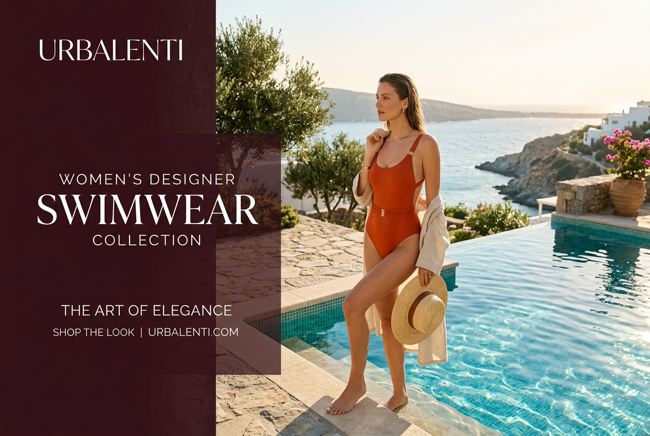 Women's Designer Swimwear collection featuring a woman in an elegant orange one-piece swimsuit beside a luxury seaside pool, Women's Designer Swimwear - Shop now at Urbalenti  