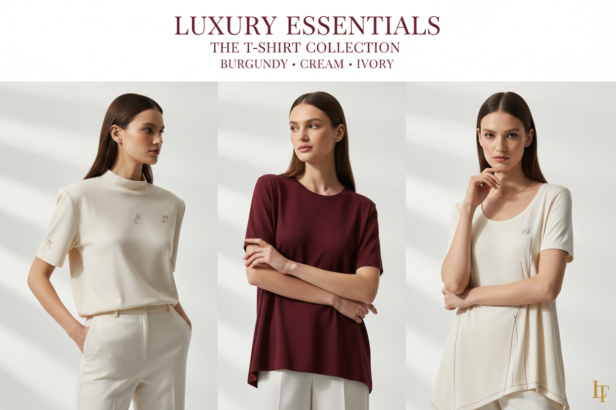 Women's Designer T-Shirts collection banner featuring three women modeling luxury cotton T-shirts in ivory and burgundy, from Women's Designer T-Shirts – Shop now at Urbalenti NYC