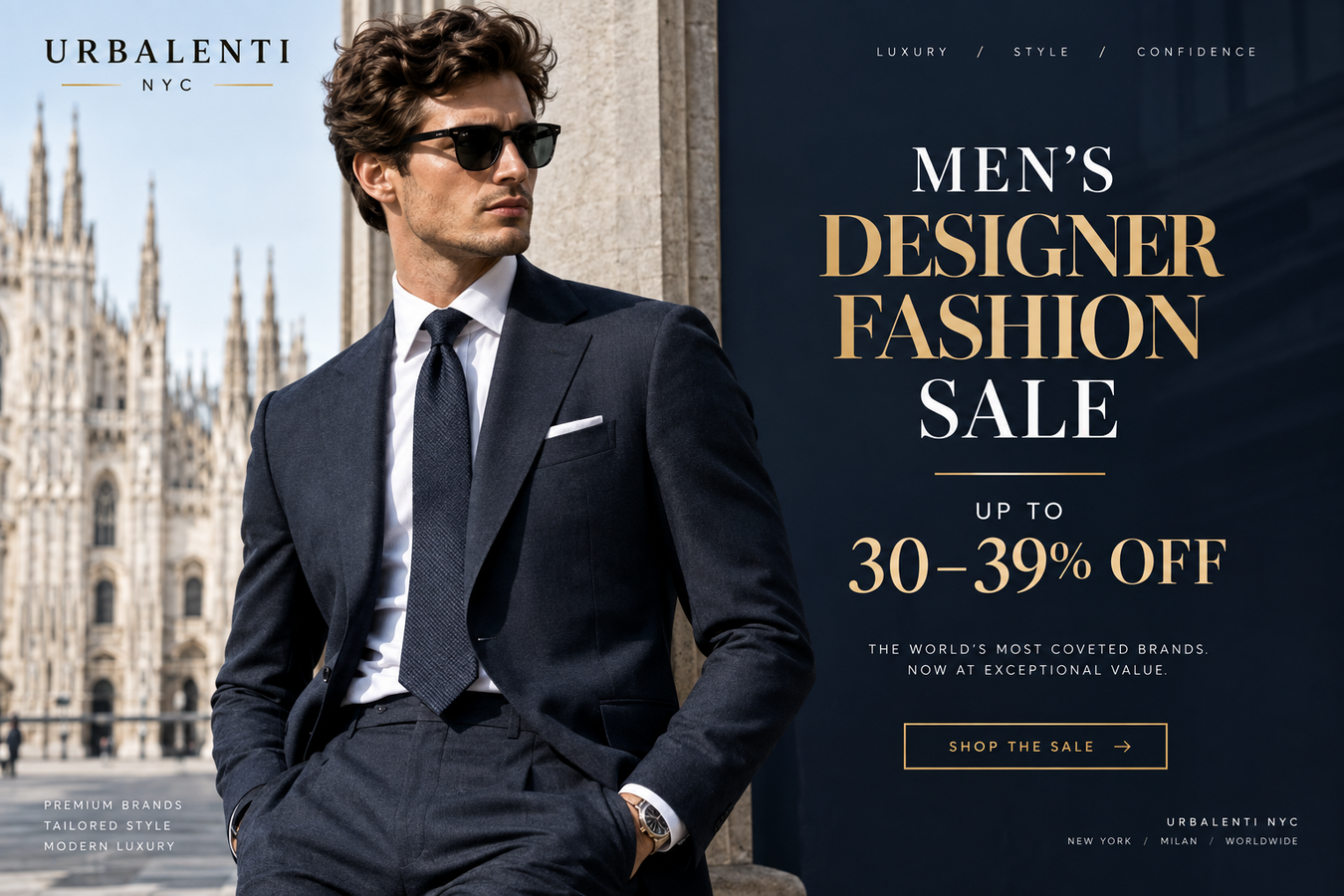 Men's Designer Fashion Sale — Up to 30 – 39% Discounts featuring a stylish man in a luxury navy suit in Milan; Men's Designer Fashion Sale – Shop Now at Urbalenti NYC.