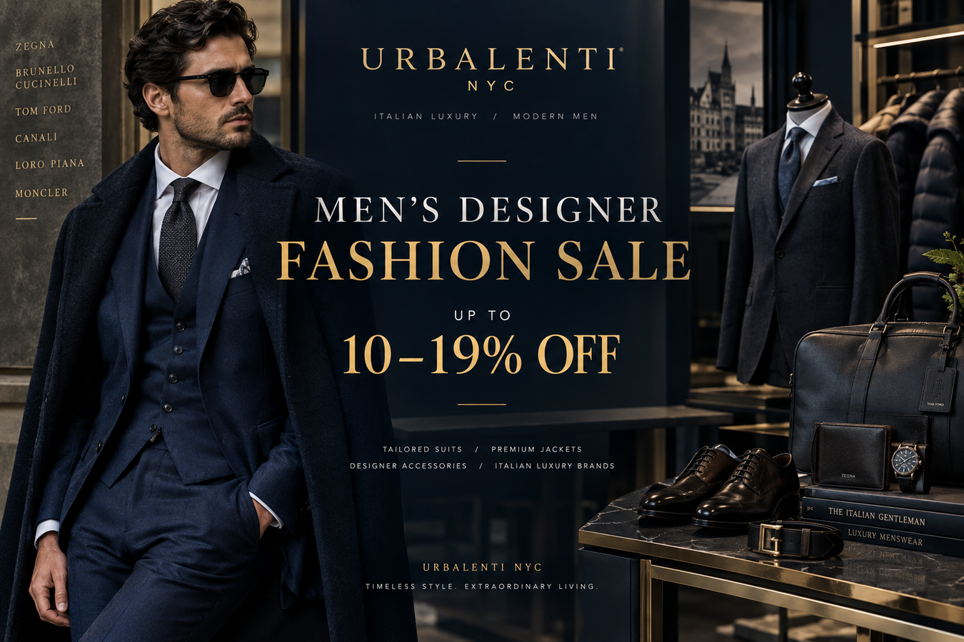 Men's Designer Fashion Sale — Up to 10 – 19% Discounts featuring a sophisticated man in a navy designer suit, luxury menswear accessories, dress shoes, and tailored fashion at Men's Designer Fashion Sale – Shop Now at Urbalenti NYC