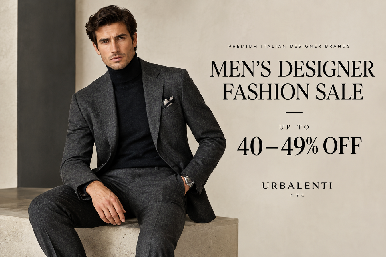 Men's Designer Fashion Sale — Up to 40 – 49% Discounts featuring a stylish man in a charcoal suit and black turtleneck; Men's Designer Fashion Sale – Shop Now at Urbalenti NYC