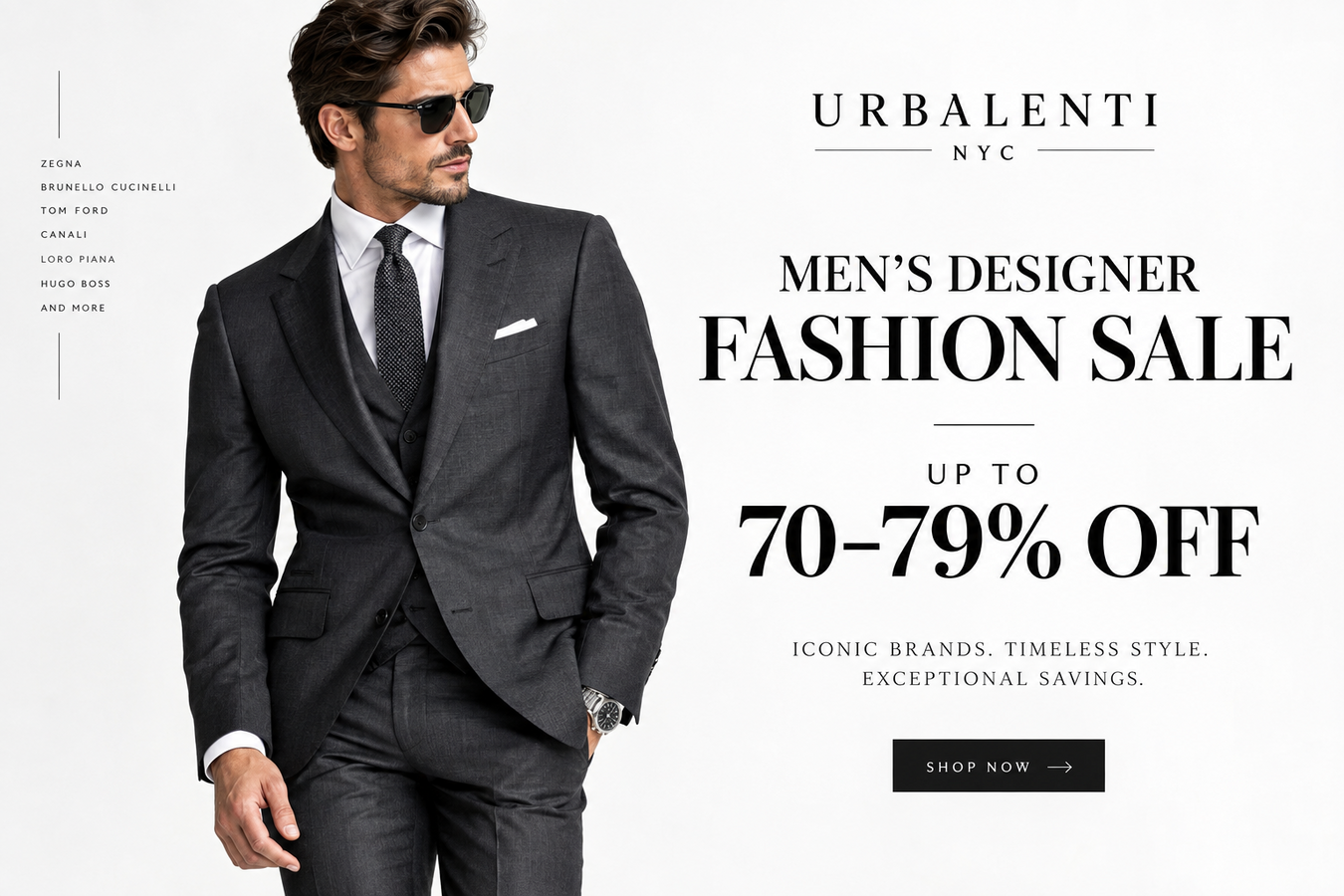 Men in black suit promoting Men's Designer Fashion Sale — Up to 70 – 79% Discounts; Men's Designer Fashion Sale – Shop Now at Urbalenti NYC.