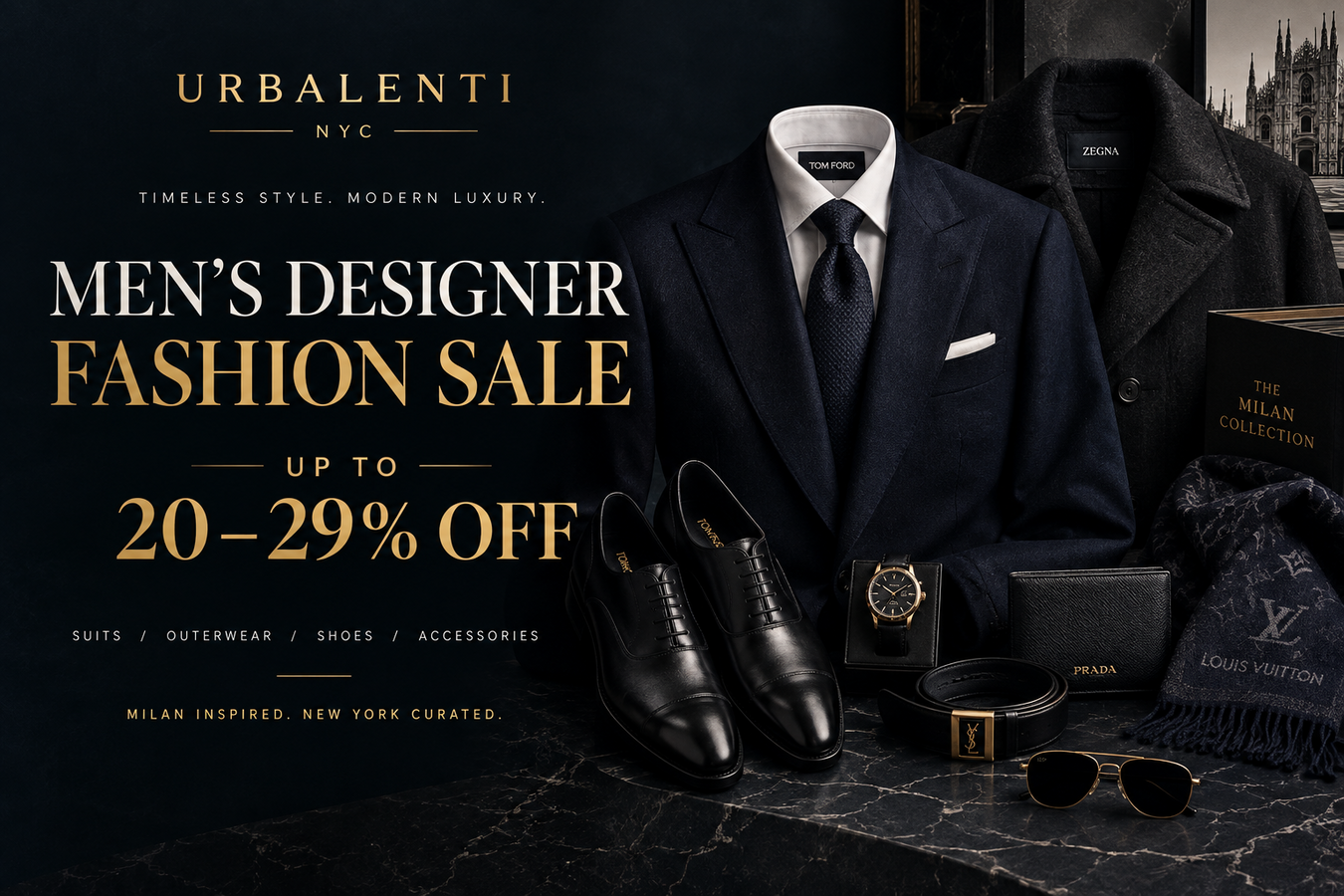 Men's Designer Fashion Sale — Up to 20 – 29% Discounts featuring luxury men's suits, dress shoes, watches, belts, wallets, sunglasses, and designer accessories; Men's Designer Fashion Sale: Shop Now at Urbalenti NYC
