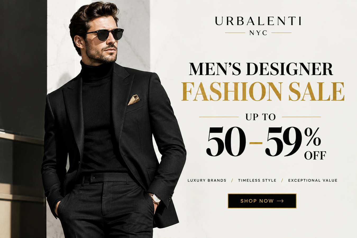Men's Designer Fashion Sale — Shop Now at Urbalenti NYC featuring a stylish man in a black designer suit, with Men's Designer Fashion Sale — Up to 50 – 59% Discounts on luxury men's fashion.