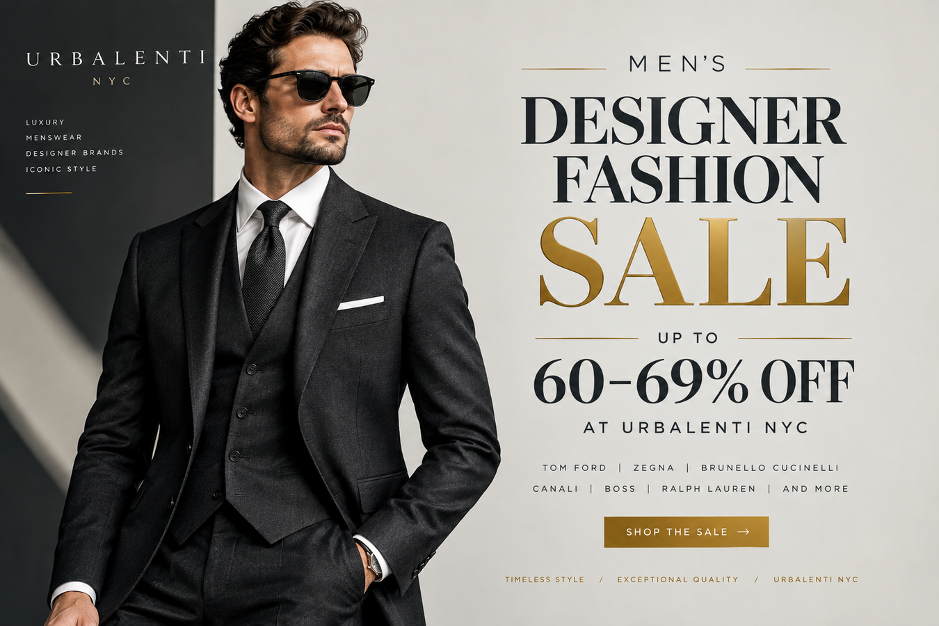 Men's Designer Fashion Sale — Up to 60–69% Discounts featuring a stylish man in a black suit and sunglasses, with luxury men's clothing offers at Urbalenti NYC. Men's Designer Fashion Sale | Shop Now at Urbalenti NYC