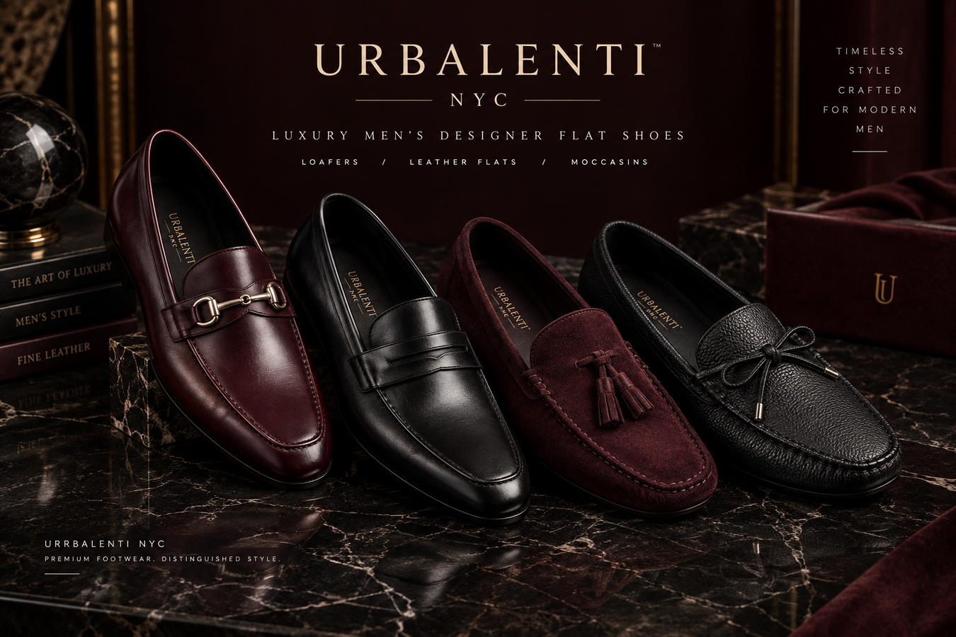 Luxury men's designer flat shoes in black, burgundy, and brown leather, including loafers and tassel styles, featured in Men's Designer Flats—shop Men's Designer Flats today at Urbalenti NYC.