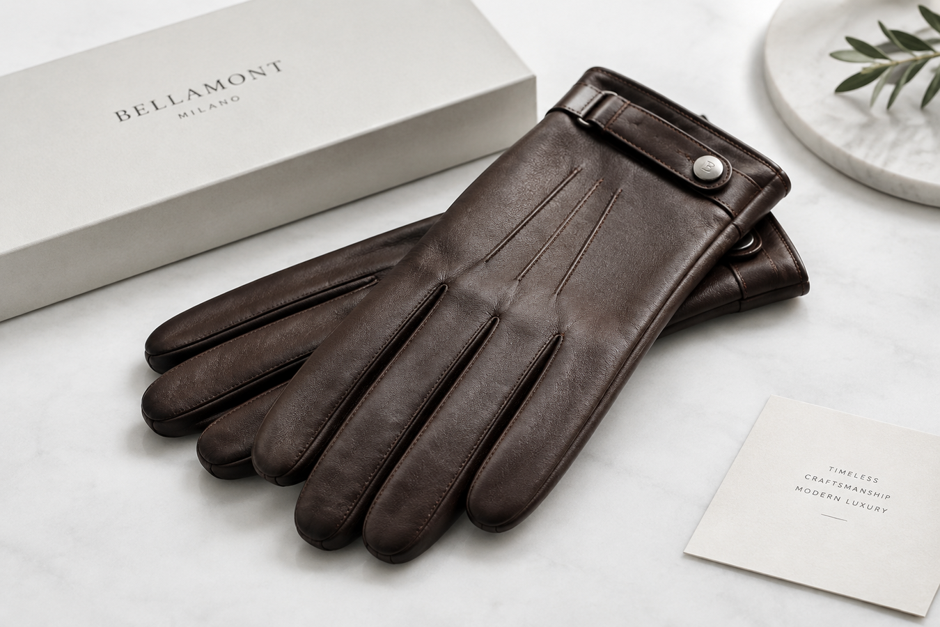 Brown leather Men's Designer Gloves with button strap displayed beside luxury packaging—Shop Online Men's Designer Gloves shipped from Italy at Urbalenti NYC.